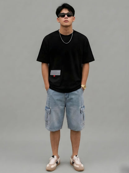 Cargo T-Shirt For Men -Black  -  Kurvy Oversized T-Shirt