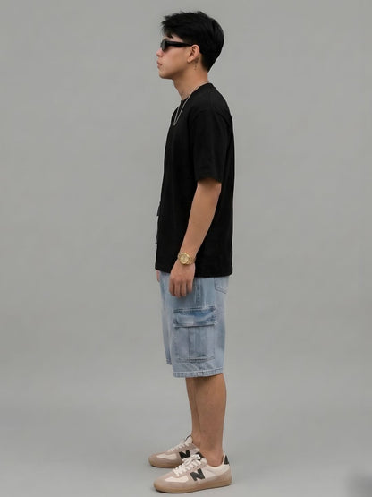 Cargo T-Shirt For Men -Black  -  Kurvy Oversized T-Shirt