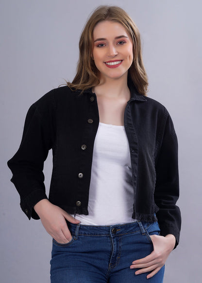 Cropped Black Denim Jacket For Womens  -  Kurvy Jacket