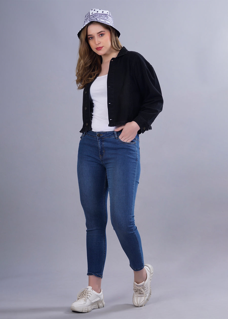 Cropped Black Denim Jacket For Womens  -  Kurvy Jacket