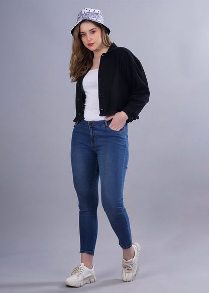 Cropped Black Denim Jacket For Womens  -  Kurvy Jacket