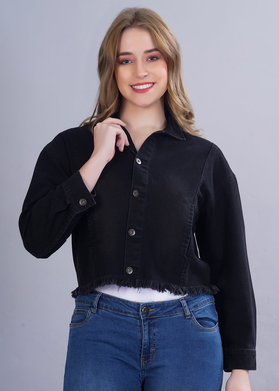 Cropped Black Denim Jacket For Womens  -  Kurvy Jacket
