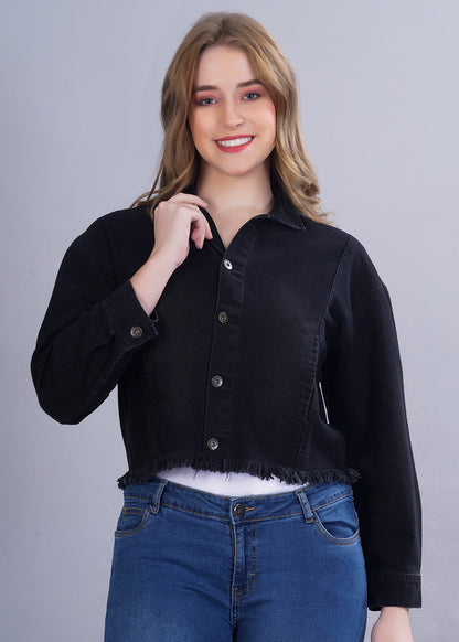 Cropped Black Denim Jacket For Womens  -  Kurvy Jacket