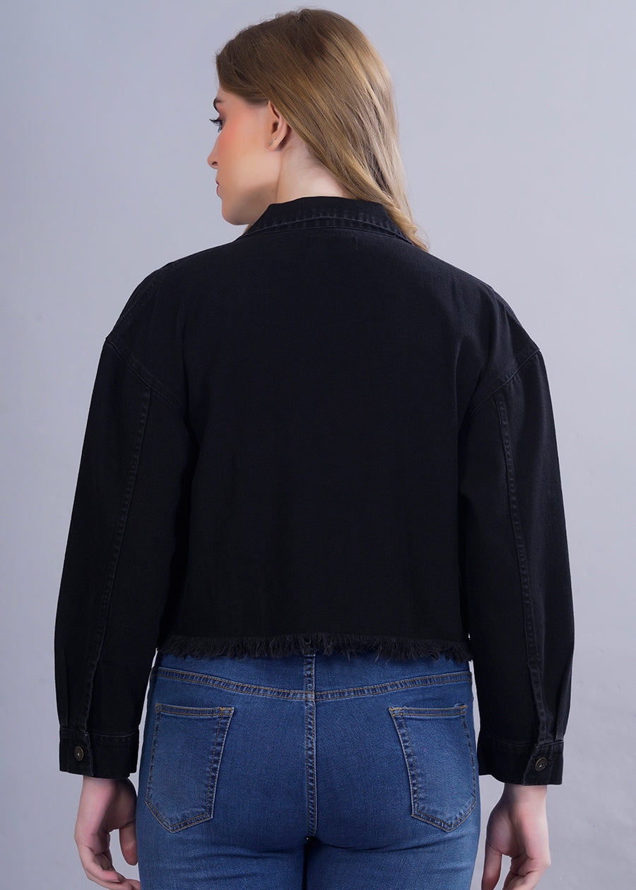 Cropped Black Denim Jacket For Womens  -  Kurvy Jacket