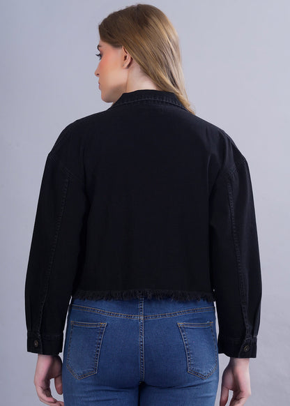 Cropped Black Denim Jacket For Womens  -  Kurvy Jacket