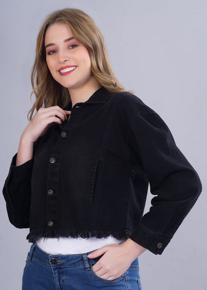 Cropped Black Denim Jacket For Womens  -  Kurvy Jacket