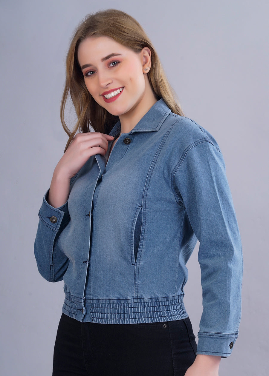 Cropped Blue Denim Jacket For Womens  -  Kurvy Jacket