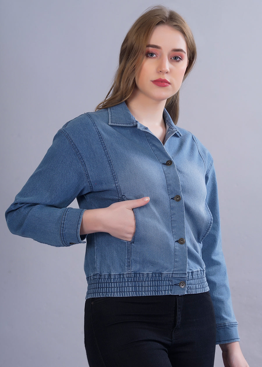 Cropped Blue Denim Jacket For Womens  -  Kurvy Jacket