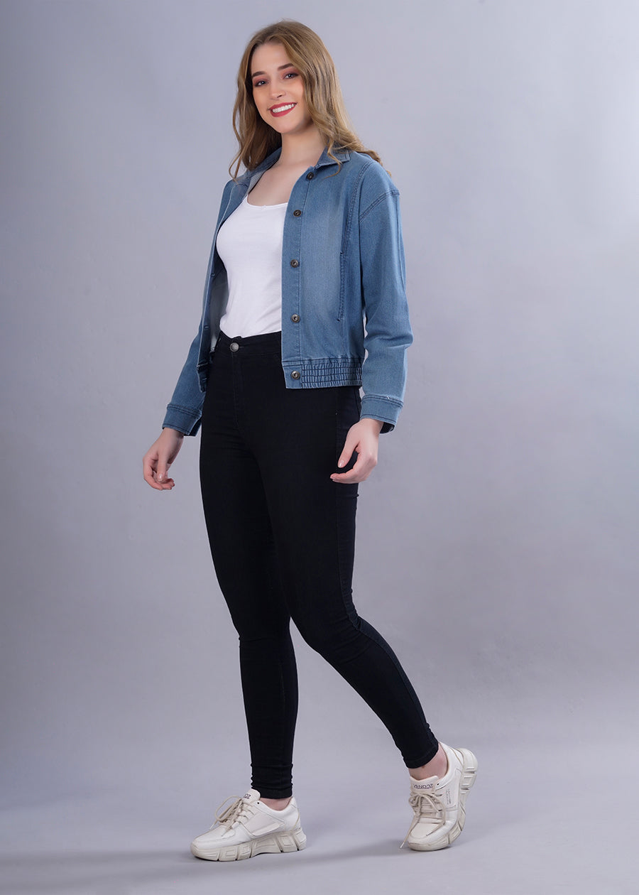 Cropped Blue Denim Jacket For Womens  -  Kurvy Jacket